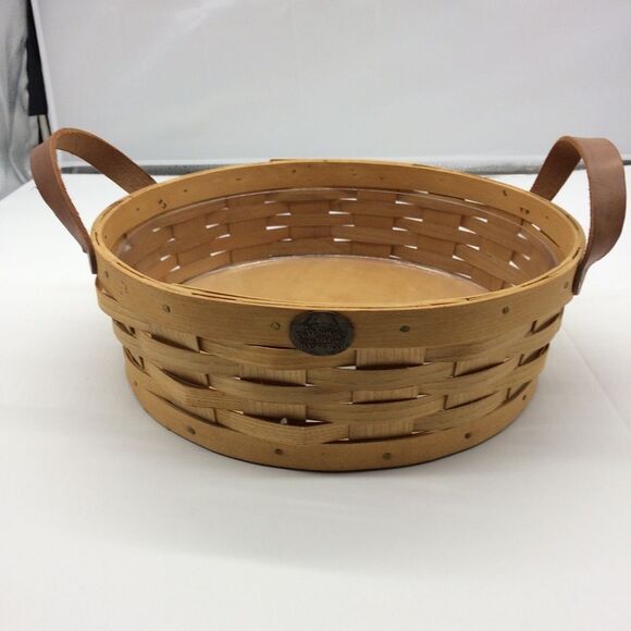 Peterboro Woven Wooden Round Basket w/Leather Handles Plastic Insert for Serving - Picture 1 of 12